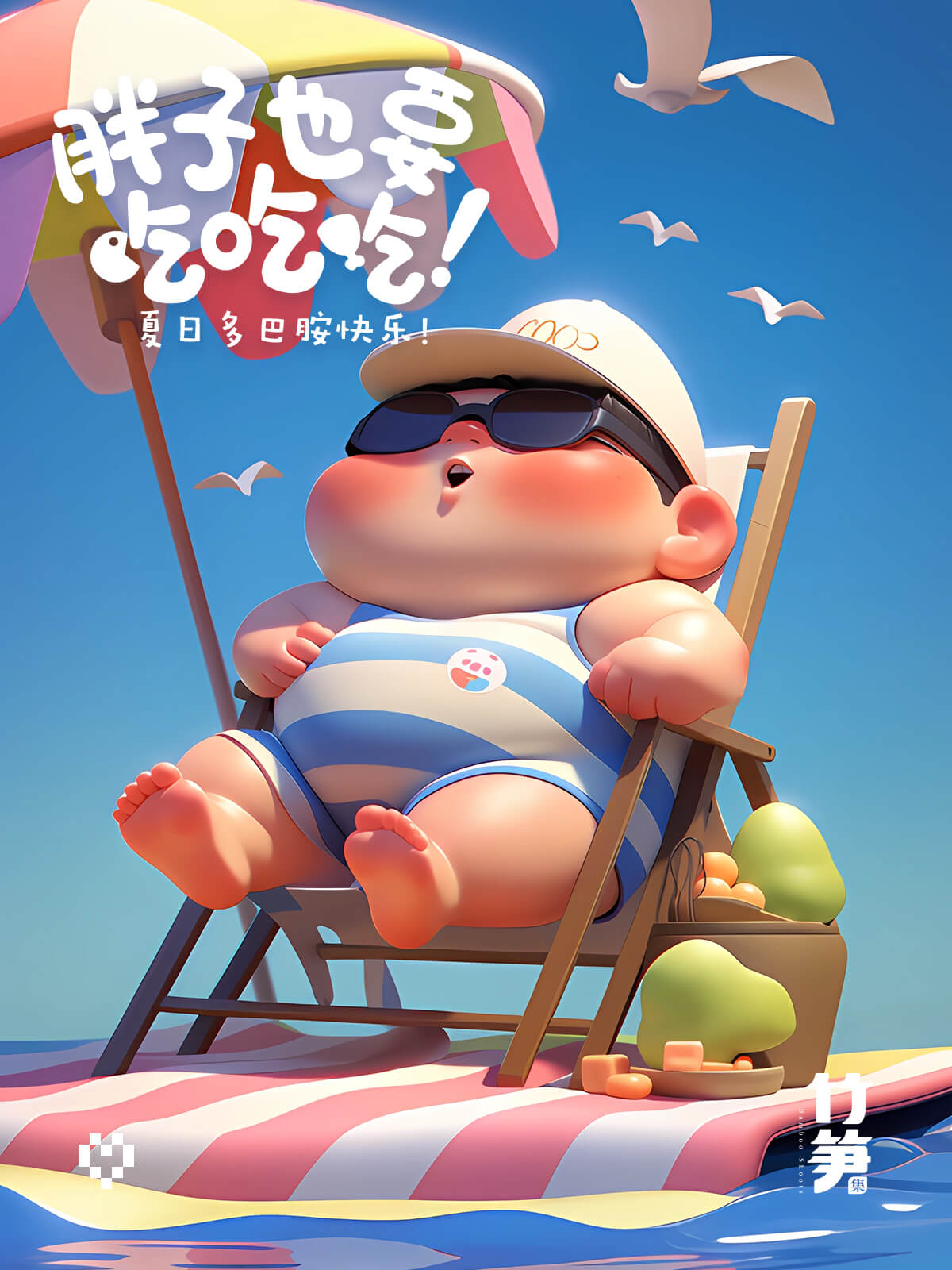 夏日海滩插画集锦！8 张快乐胖男孩 Prompt 灵感！